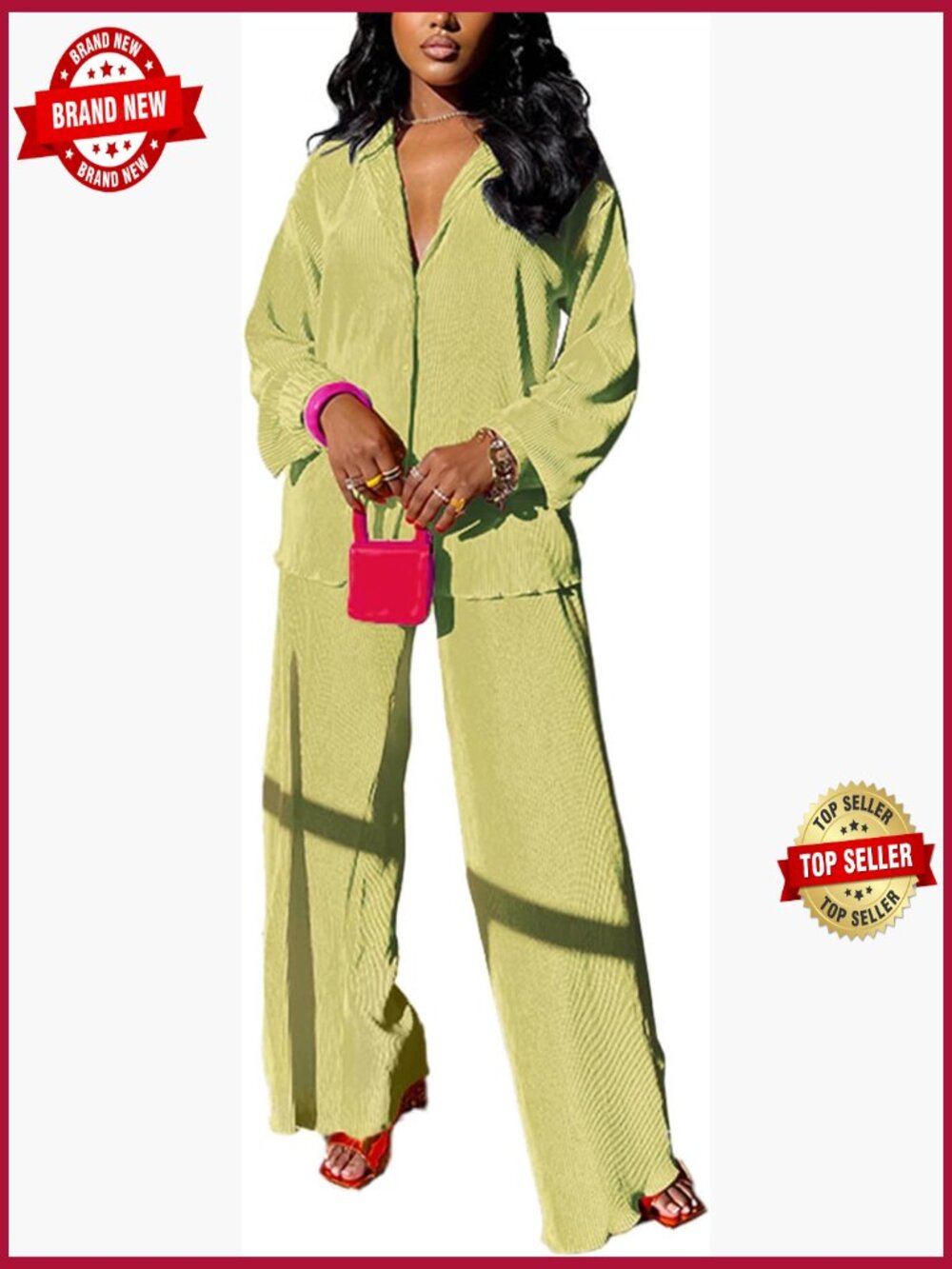 Casual Linen 2 Piece Outfit - Long Sleeve Button Down Shirt & Wide Leg Pants Set